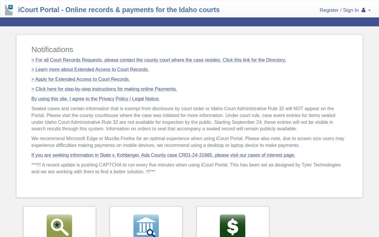 Idaho iCourt public case search interface for checking Minidoka County court outcomes
