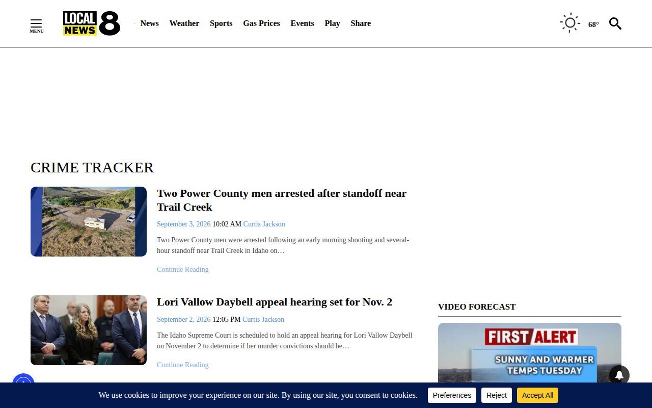 Local News 8 Crime Tracker section used for Minidoka County event coverage